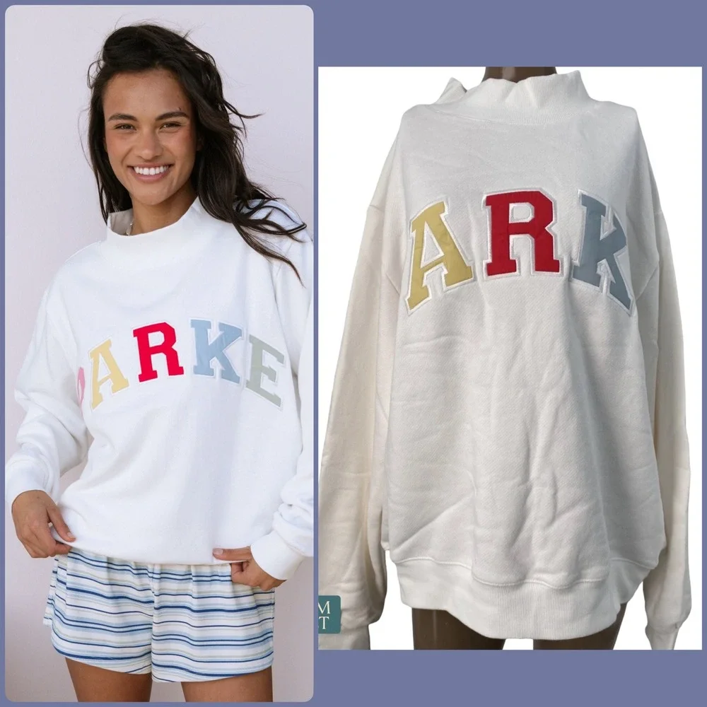 NEW Parke Heritage Varsity Mockneck Sweatshirt Paradise White Cotton Terry L/XL